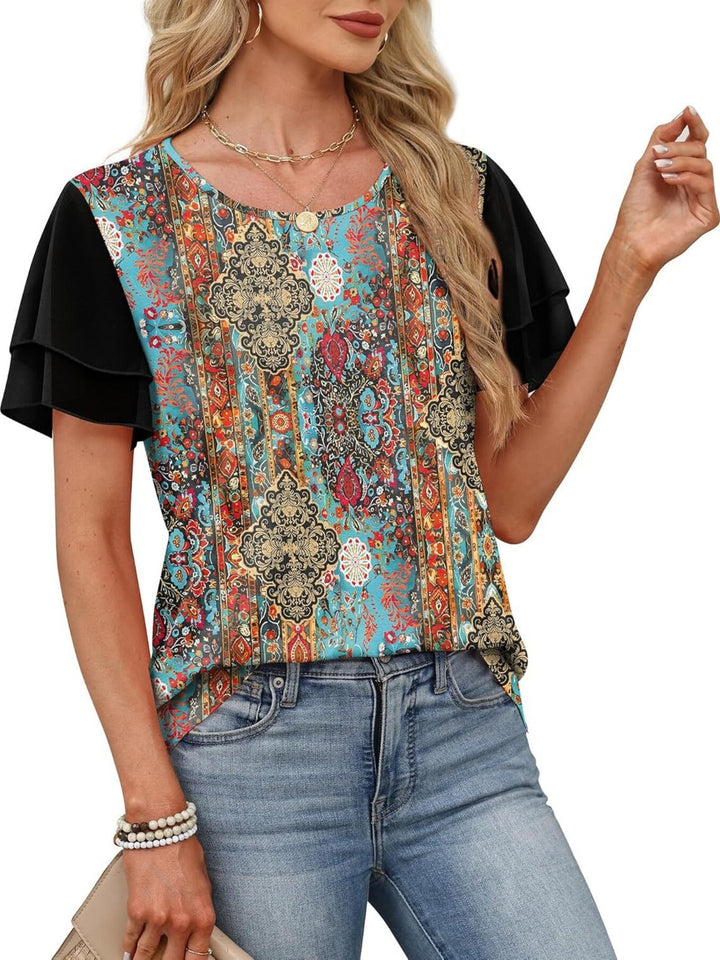 Layered leopard ruffle sleeve round neck top