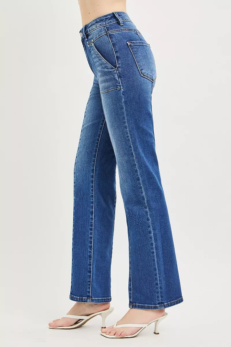 High-rise seamed straight-leg jeans with patch pockets