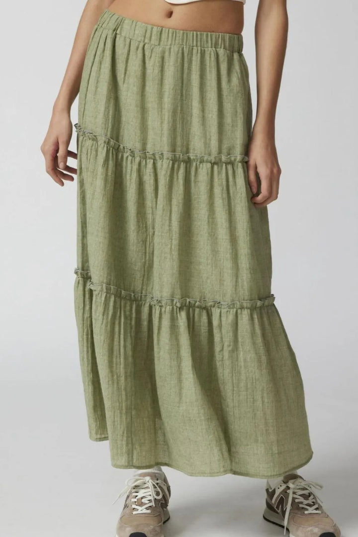 Matcha Green Tiered frill maxi skirt with elastic waist
