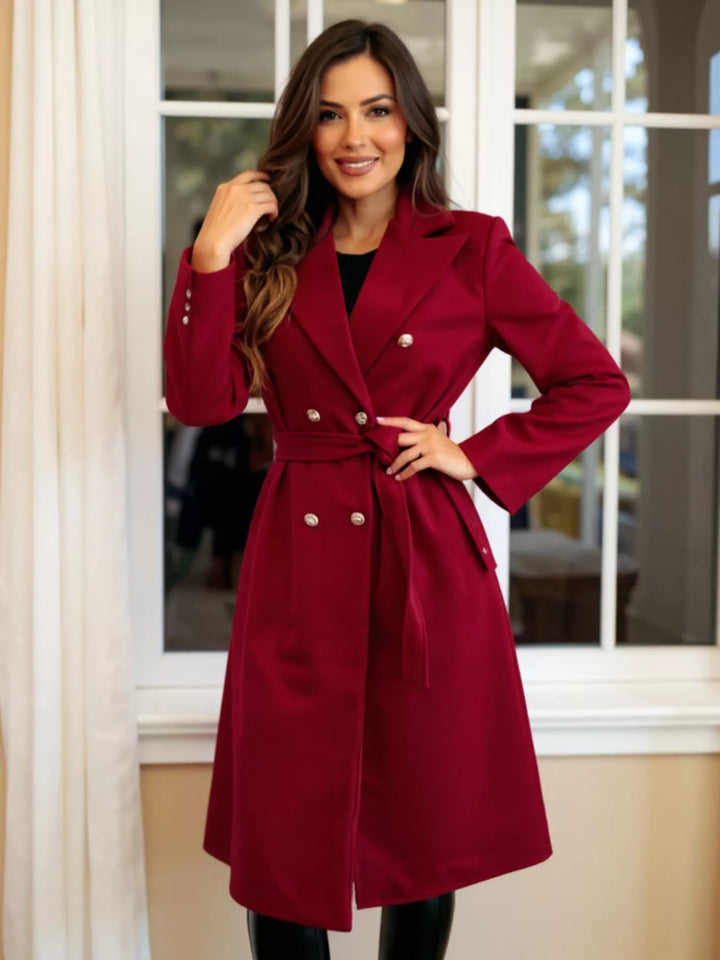 Red Double-breasted tie-waist longline overcoat