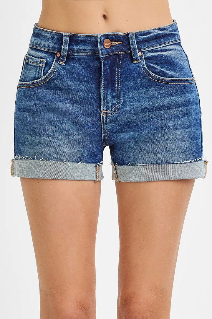 DARK Cuffed low-rise denim shorts with raw hem detail