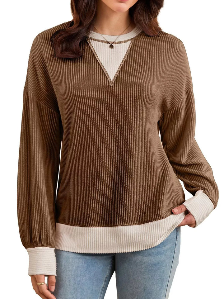 Contrast-trim ribbed dropped-shoulder sweatshirt