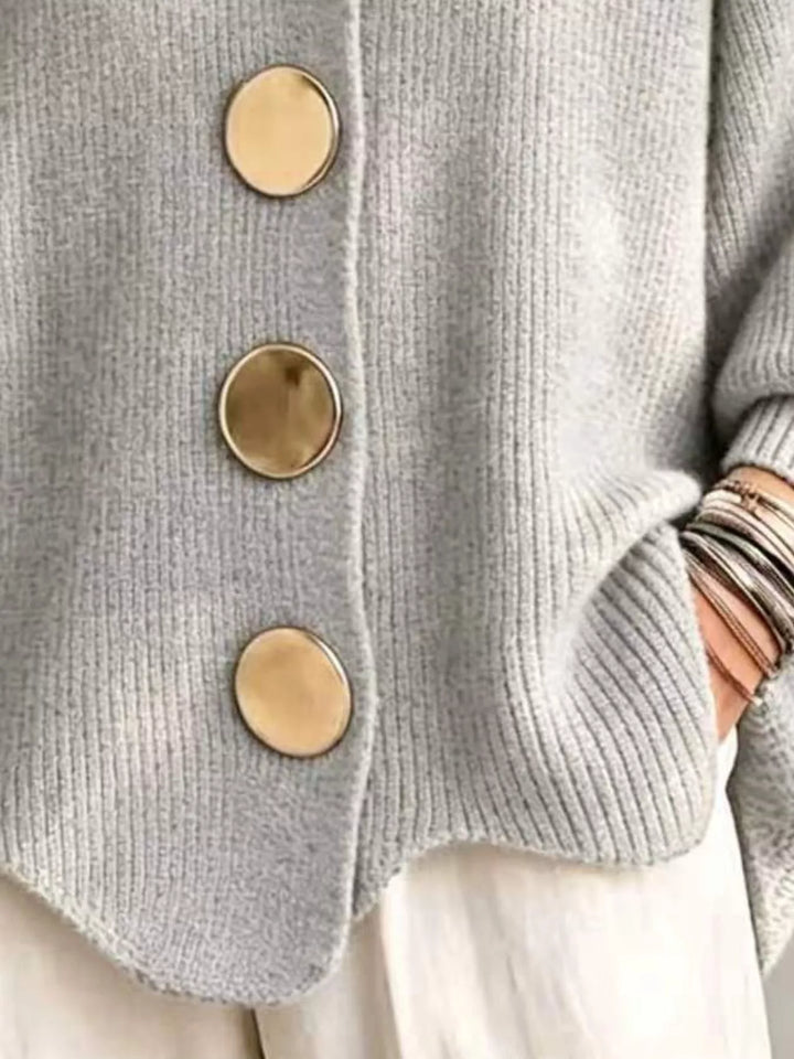 Oversized gold button ribbed knit collared cardigan