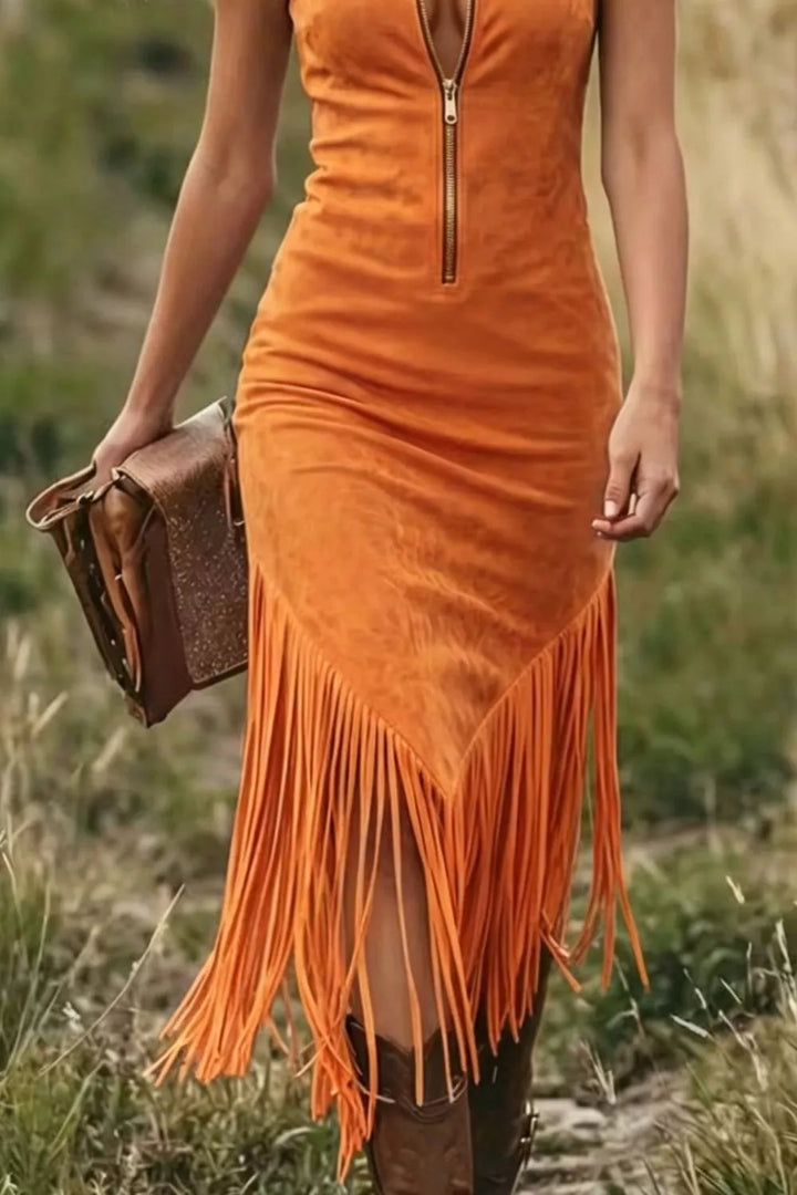 Faux suede fringe hem zip-front sleeveless midi dress