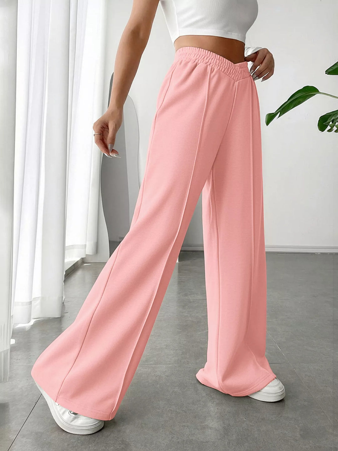 High waist wide leg pull-on pants with V-notch waistband