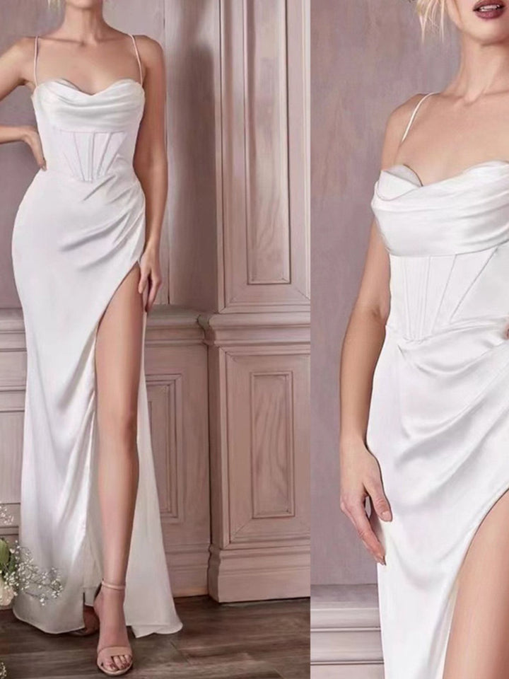 White Satin cowl-neck cami maxi dress with high slit and lace-up back