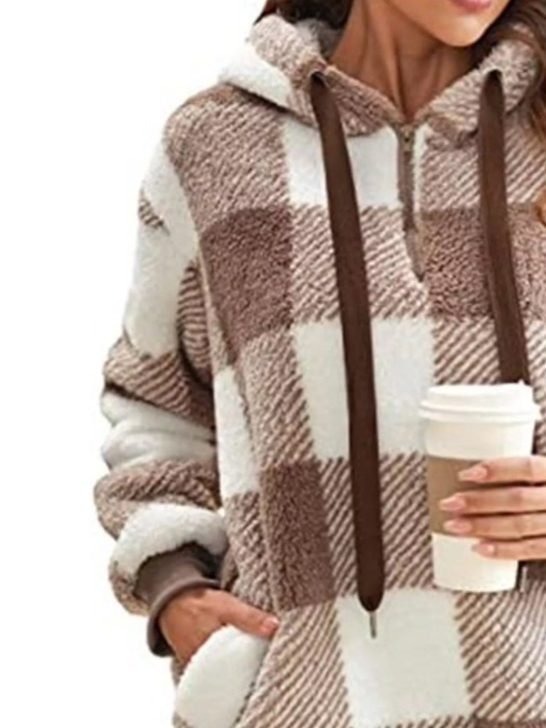 Plaid sherpa quarter-zip hoodie with front pocket