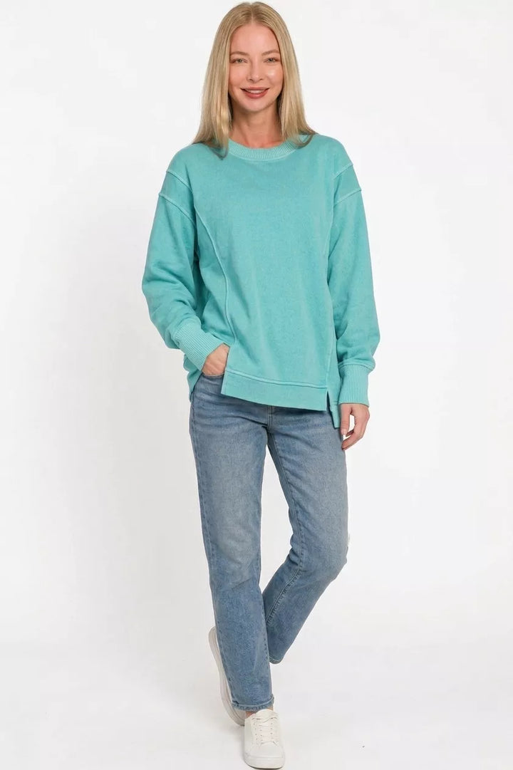 Exposed-seam pigment-dye crew neck fleece sweatshirt