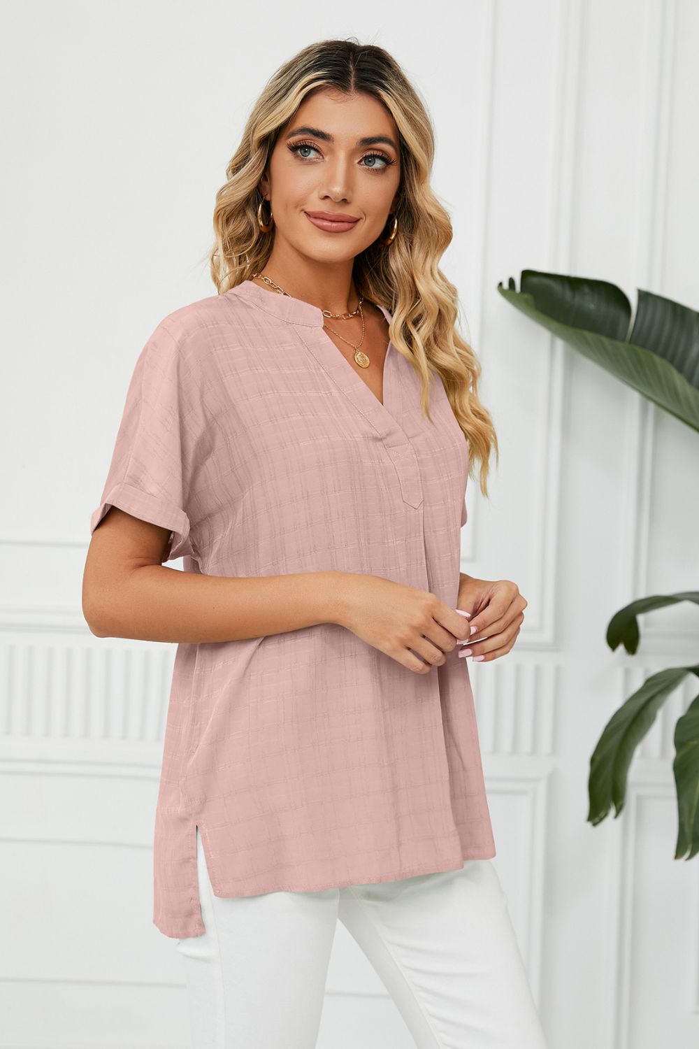 Dusty Pink Notched neck cuffed short sleeve blouse with side slits