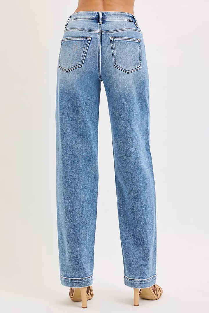 High-rise wide-leg baggy jeans with faded whiskers
