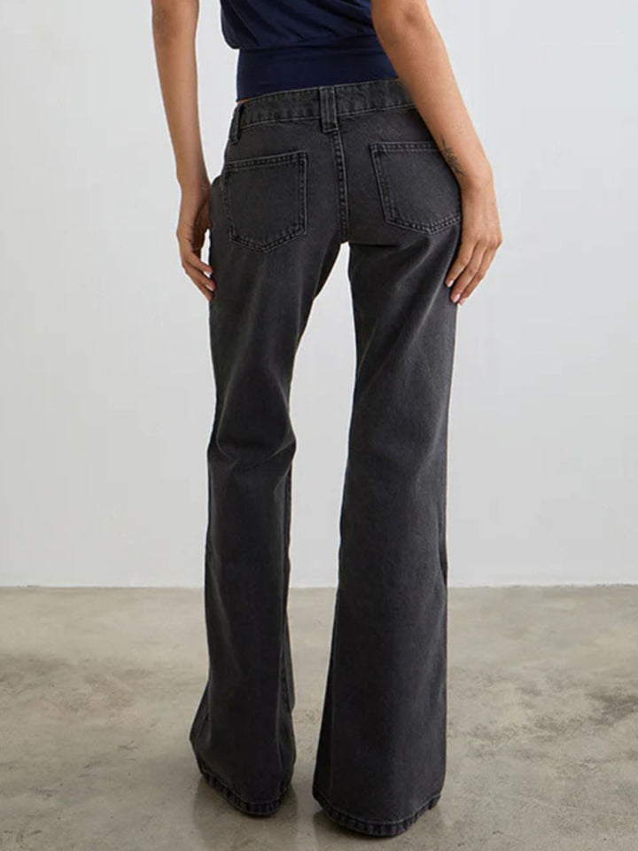 Low-rise washed denim flare leg jeans with 5-pocket styling