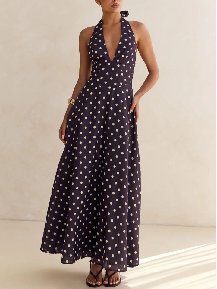 Floral print halter maxi dress with lace-up back