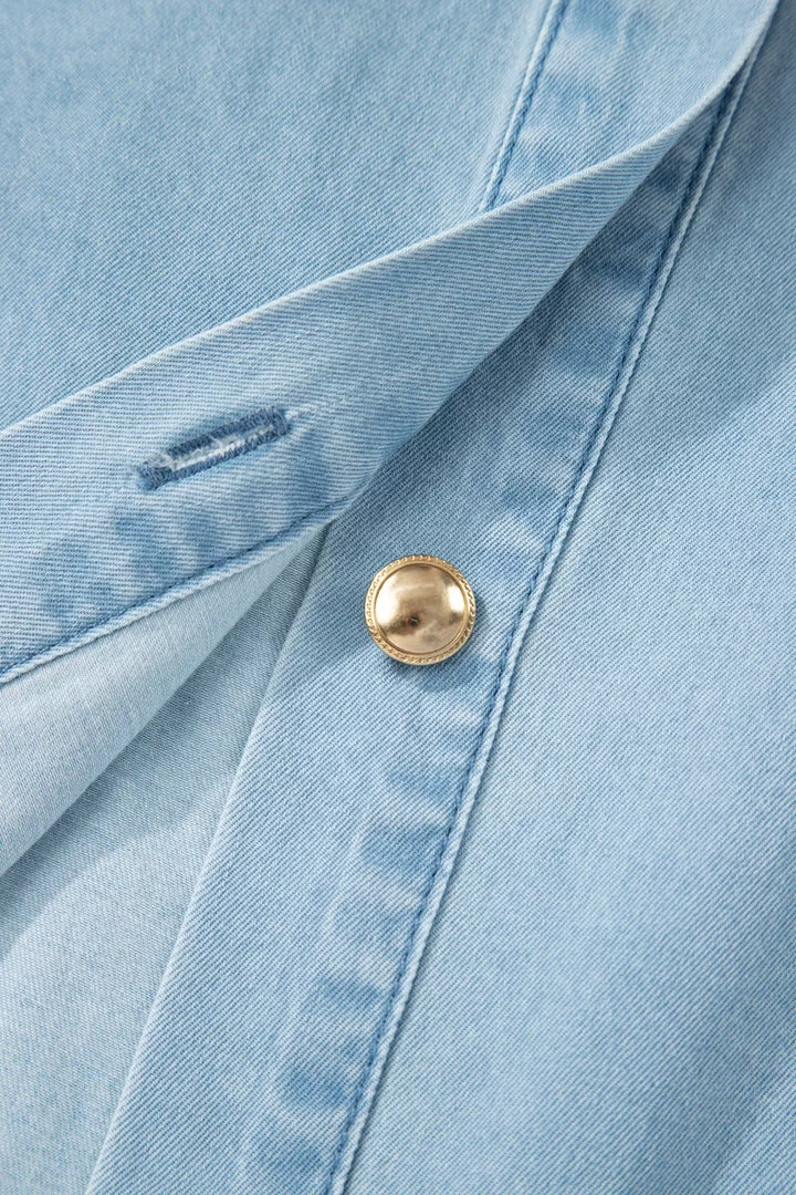 Belted chambray midi shirt dress with puff sleeves