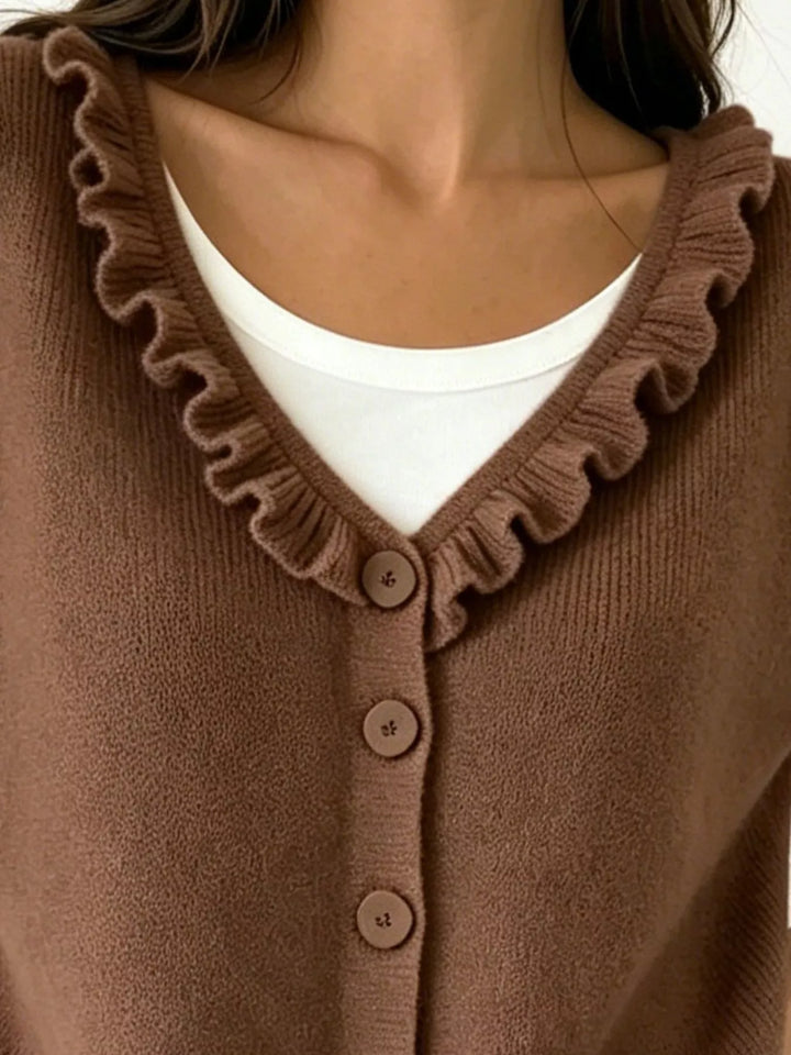 Ruffle-trim V-neck button-front knit cardigan