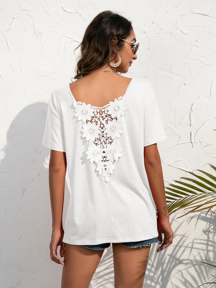 White Floral crochet lace back short sleeve top