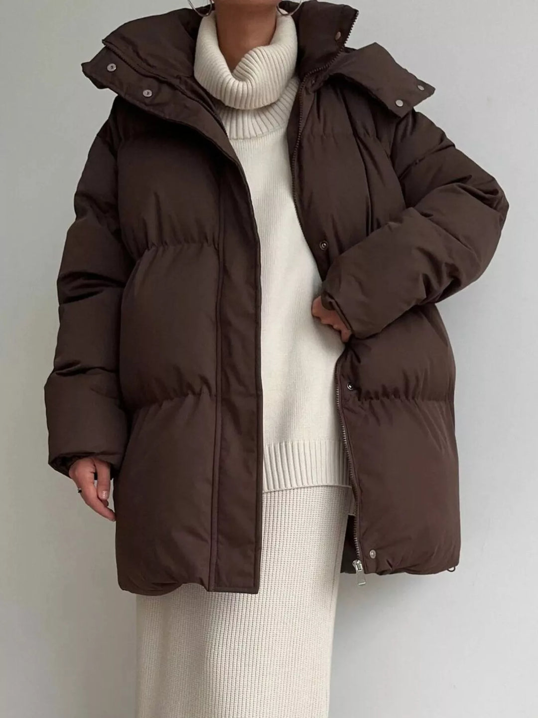 Belted puffer winter coat with snap-off hood