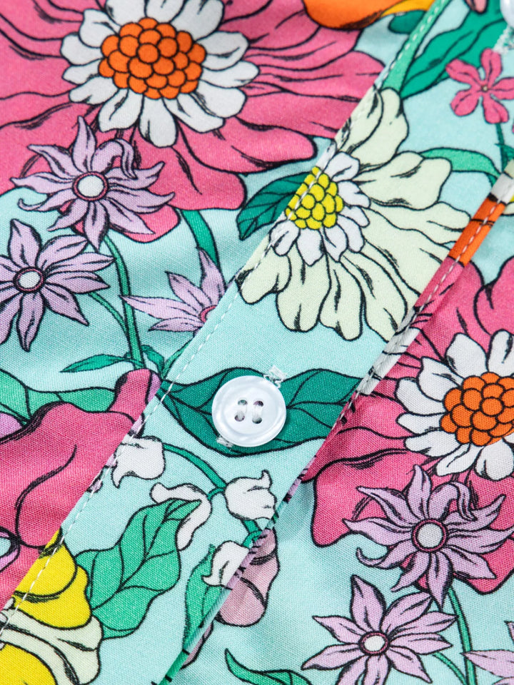 Floral flutter sleeve split-neck button-front blouse