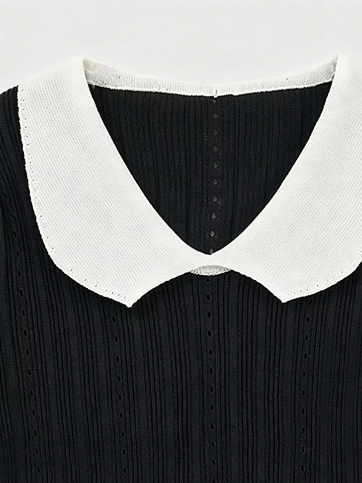 Ribbed knit crop top with Peter Pan collar and ruffle sleeves