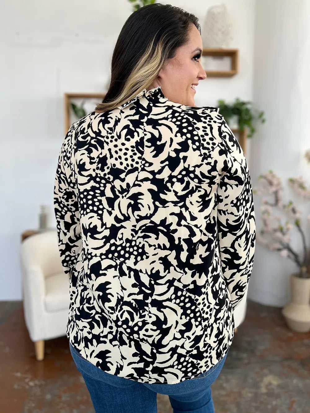 Printed balloon sleeve button-down shirt with ruffle trim