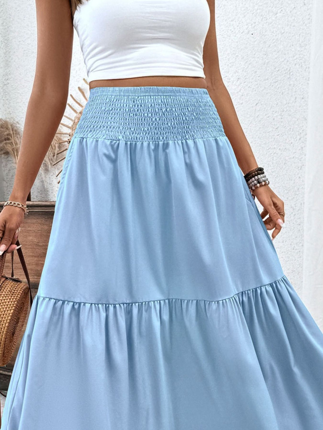 Smocked high-waist tiered ruffle maxi skirt