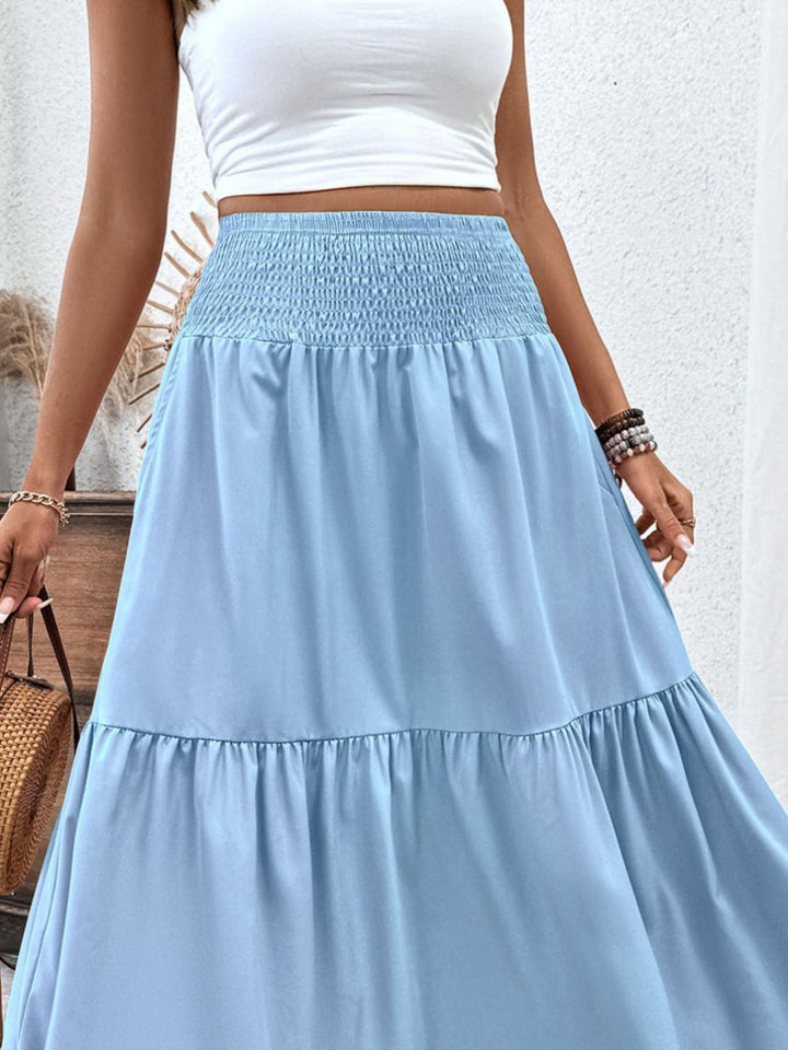 Smocked high-waist tiered ruffle maxi skirt