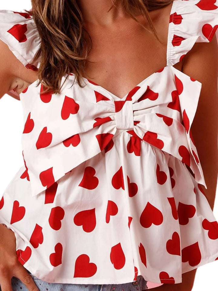 Heart print flutter sleeve bow-front babydoll top