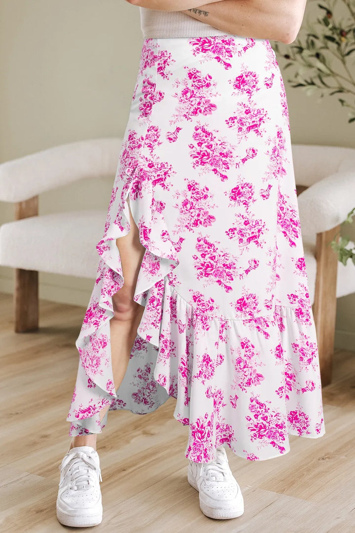 High-waist floral maxi skirt with ruffle and front slit