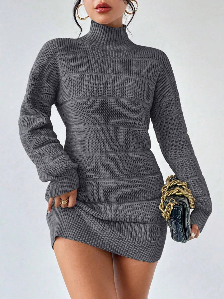 Dark Gray Ribbed turtleneck knit sweater mini dress with drop shoulders
