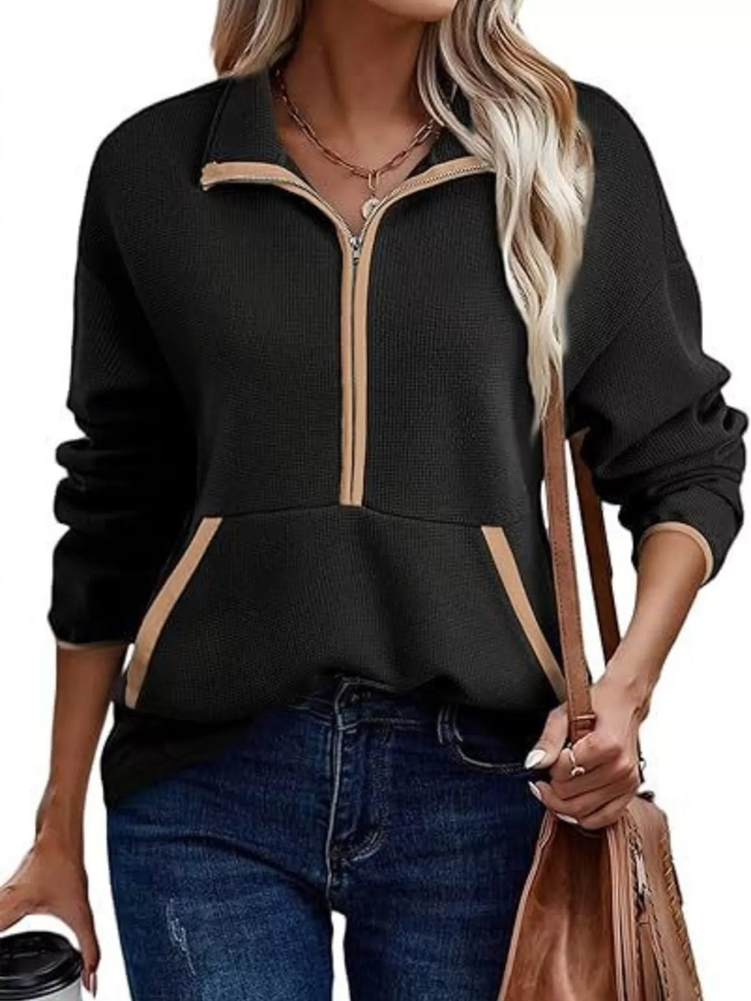 Black Half-zip dropped shoulder sweatshirt with contrast trim