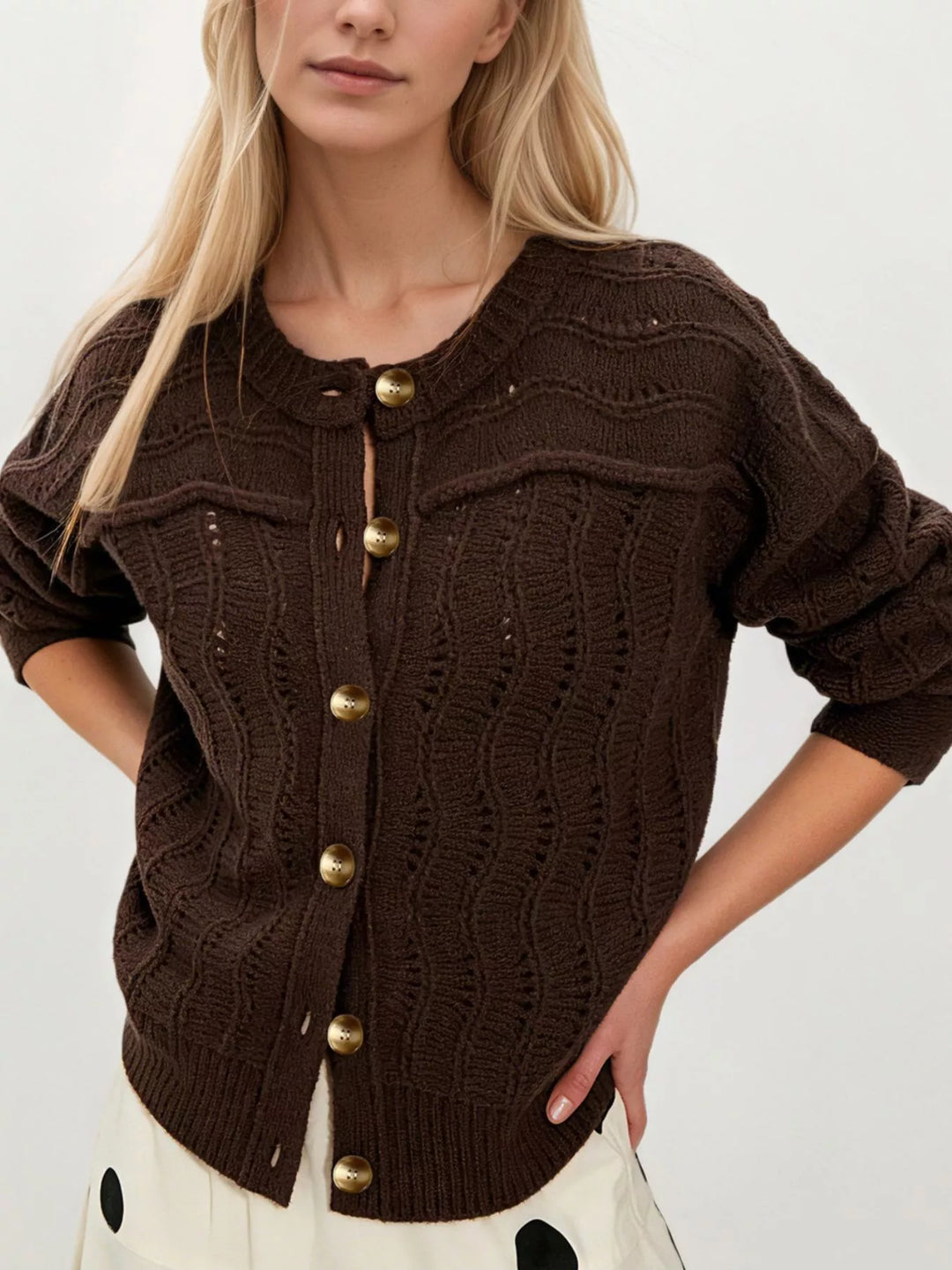 Brown Openwork pointelle knit button-down cardigan