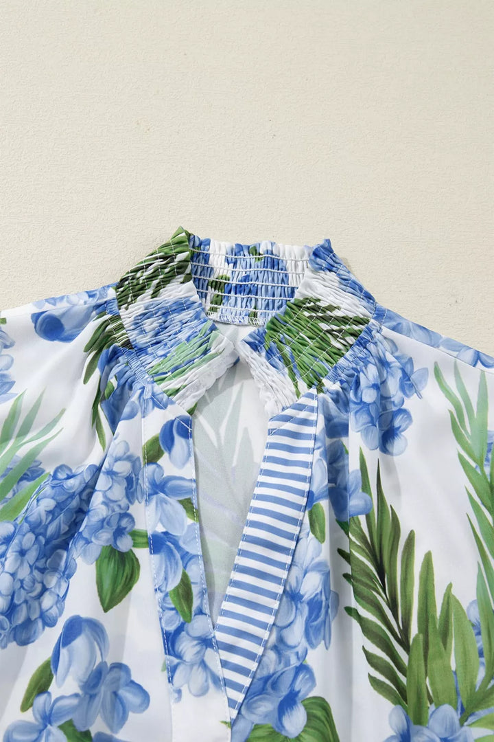 Tropical floral and stripe patchwork blouse with ruffle trim