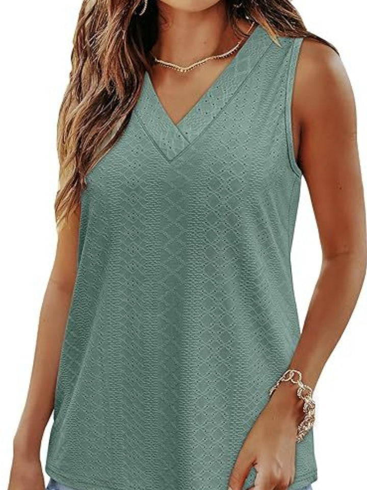 Eyelet V-neck sleeveless tank with diamond texture