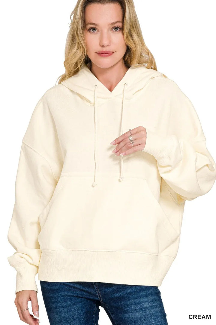 CREAM Oversized fleece hoodie with kangaroo pocket and drawstring hood