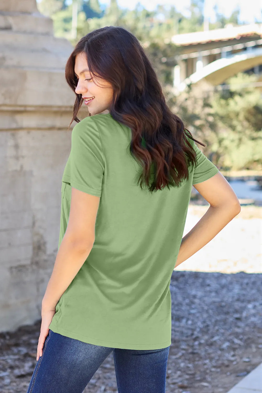 V-neck short sleeve bamboo tee with chest pocket