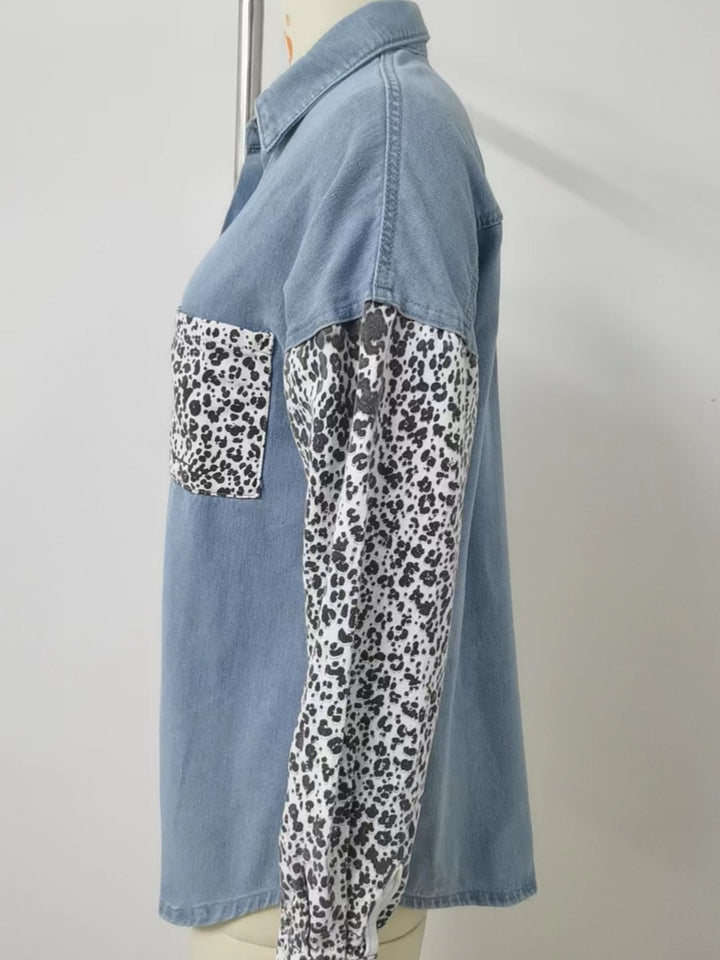 Leopard patchwork button-up denim shirt