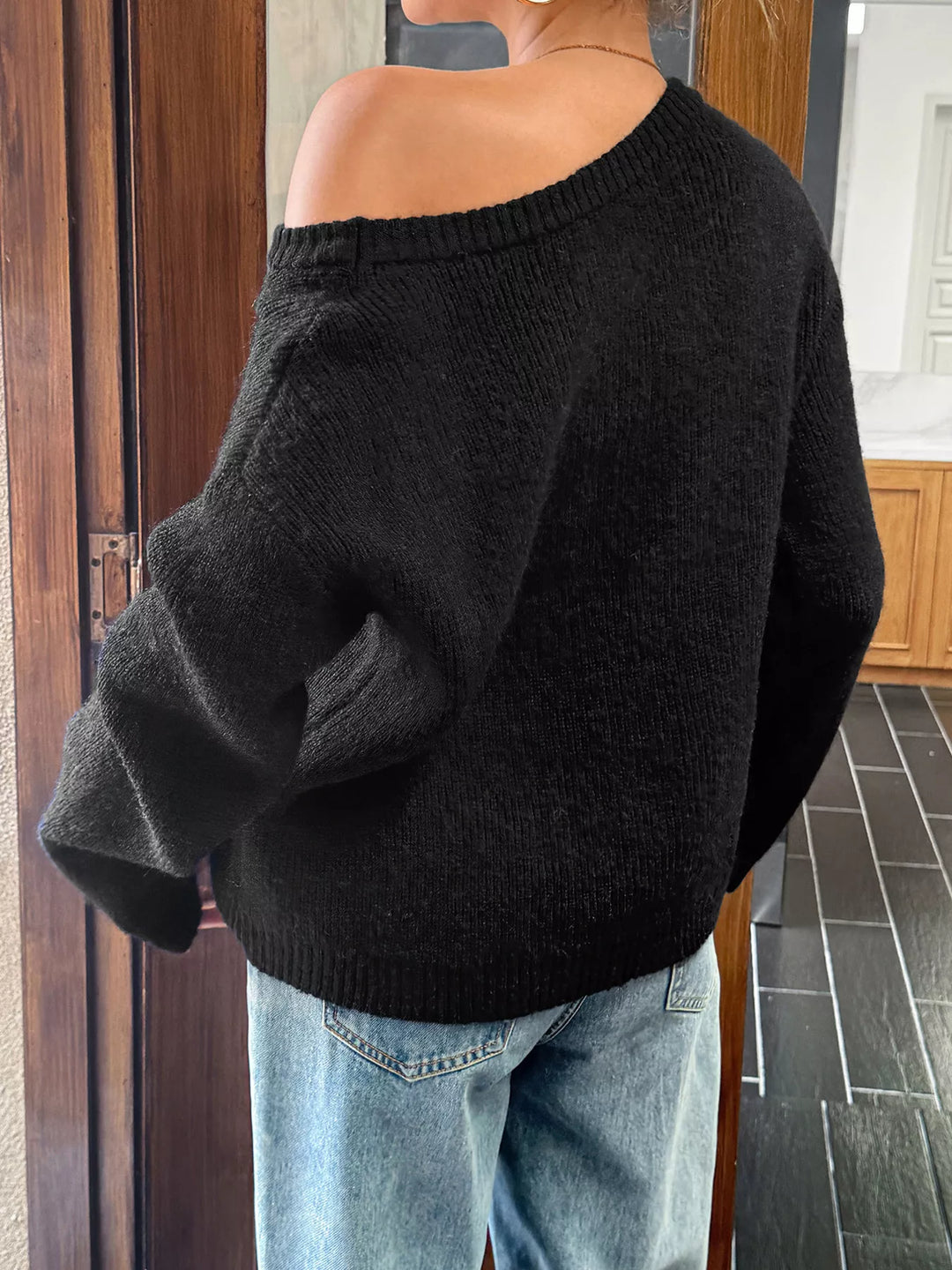 One-shoulder ribbed knit pullover sweater