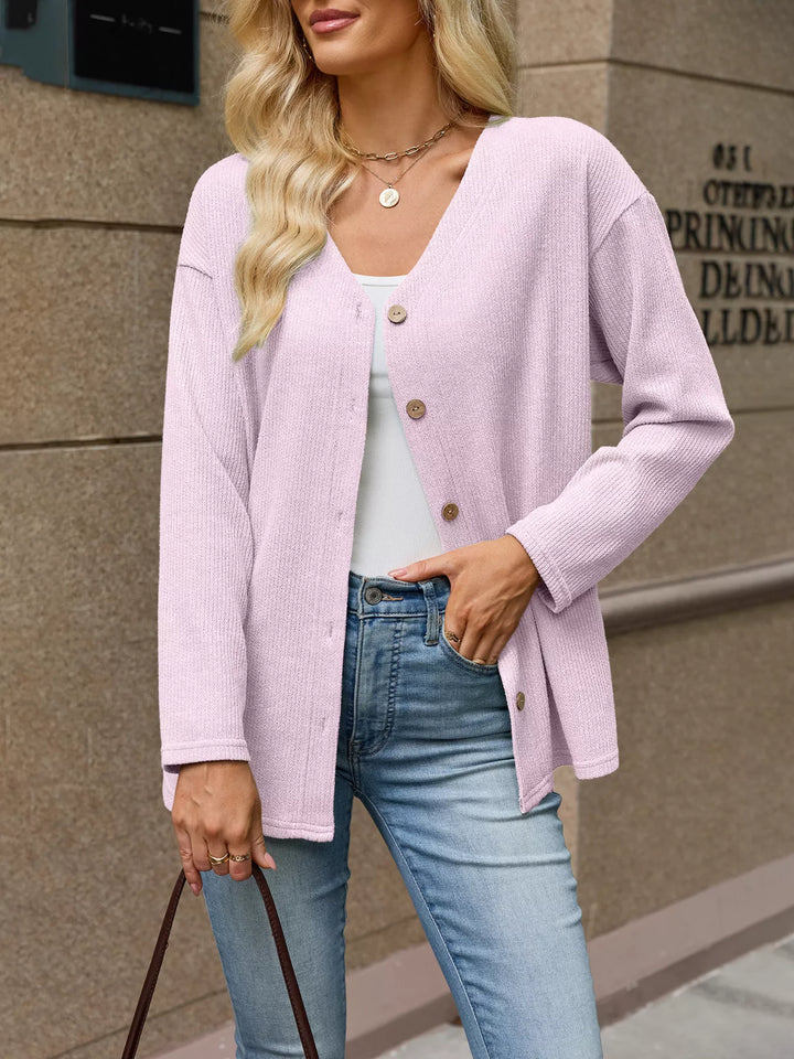 Pink Waffle knit V-neck button-down cardigan with pockets