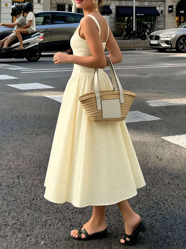 Plaid square-neck sleeveless fit-and-flare midi dress