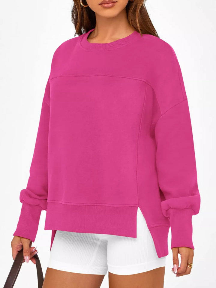 Side slit drop-shoulder relaxed crewneck sweatshirt
