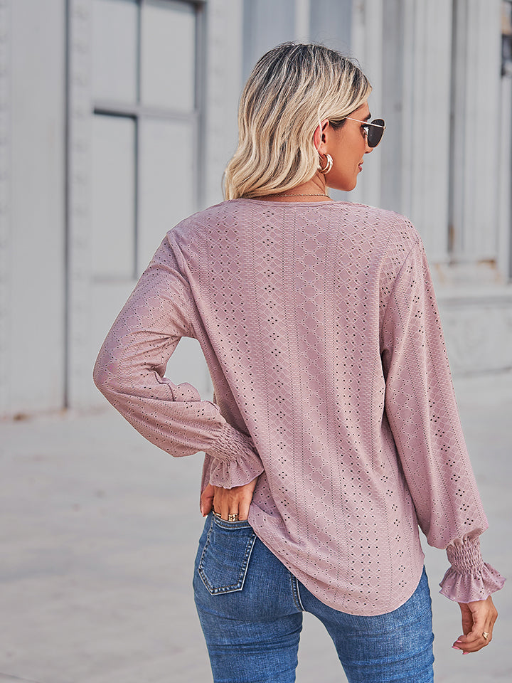 Eyelet V-neck blouse with lace trim and flounce sleeves