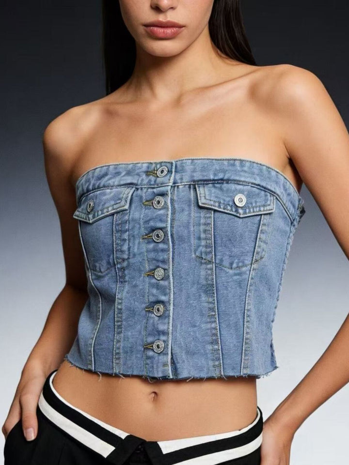 Light Blue Raw-hem button-front strapless denim crop top