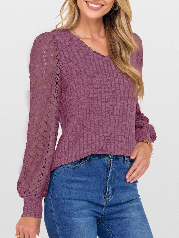 Purple Pink Sheer lace sleeve ribbed knit V-neck top
