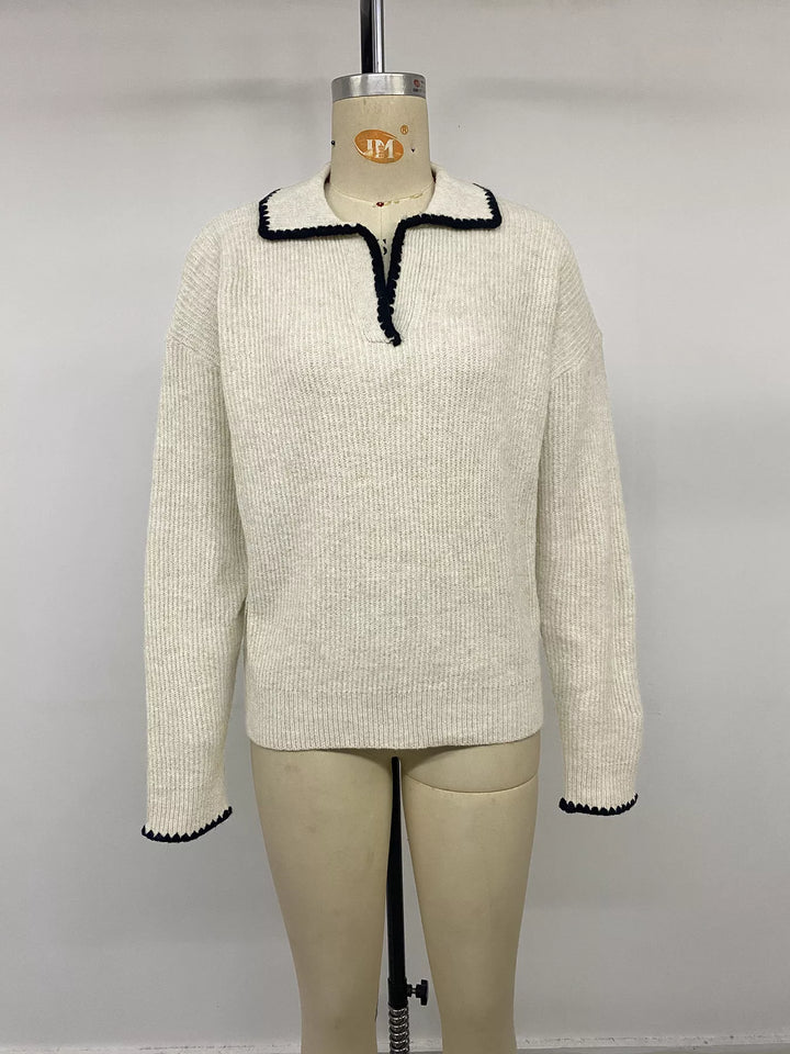 Contrast trim ribbed knit polo sweater with dropped shoulders