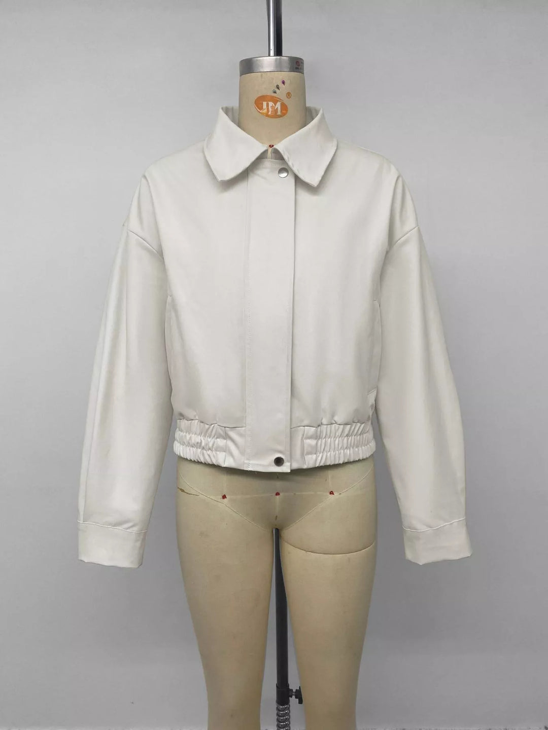 Cropped faux leather bomber jacket with collar and zip front
