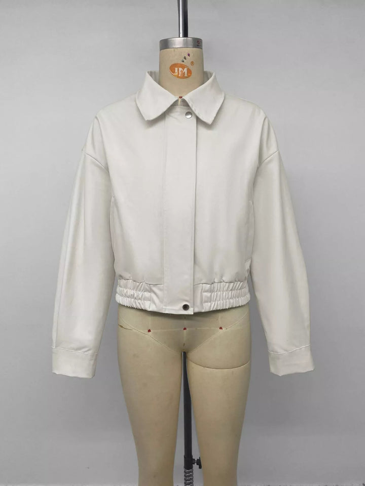 Cropped faux leather bomber jacket with collar and zip front