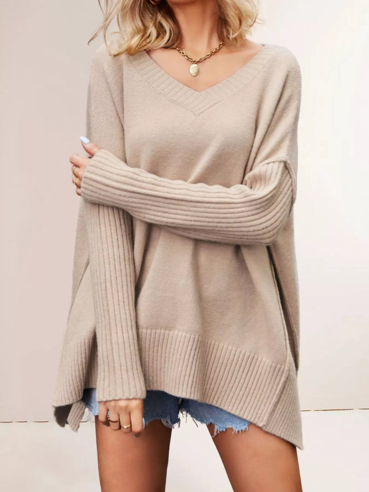 Khaki Oversized ribbed-sleeve V-neck tunic sweater with side slits