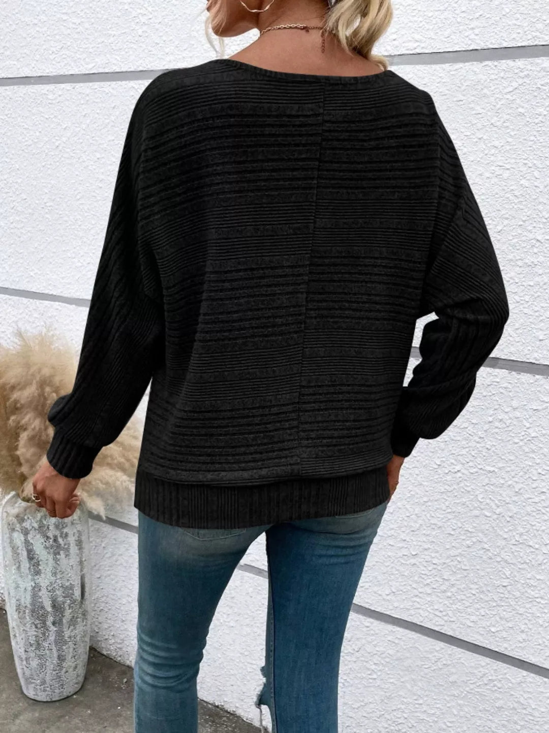 Ribbed knit relaxed long sleeve boat-neck top