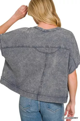 Acid-wash oversized boxy crop tee with chest pocket