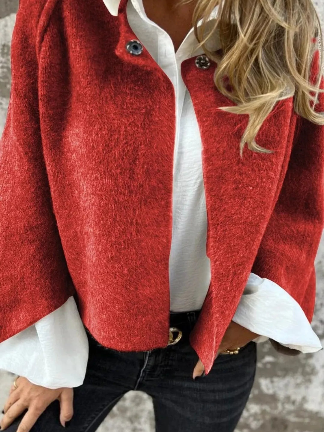 Brick Red Dropped shoulder fuzzy knit button-front cardigan