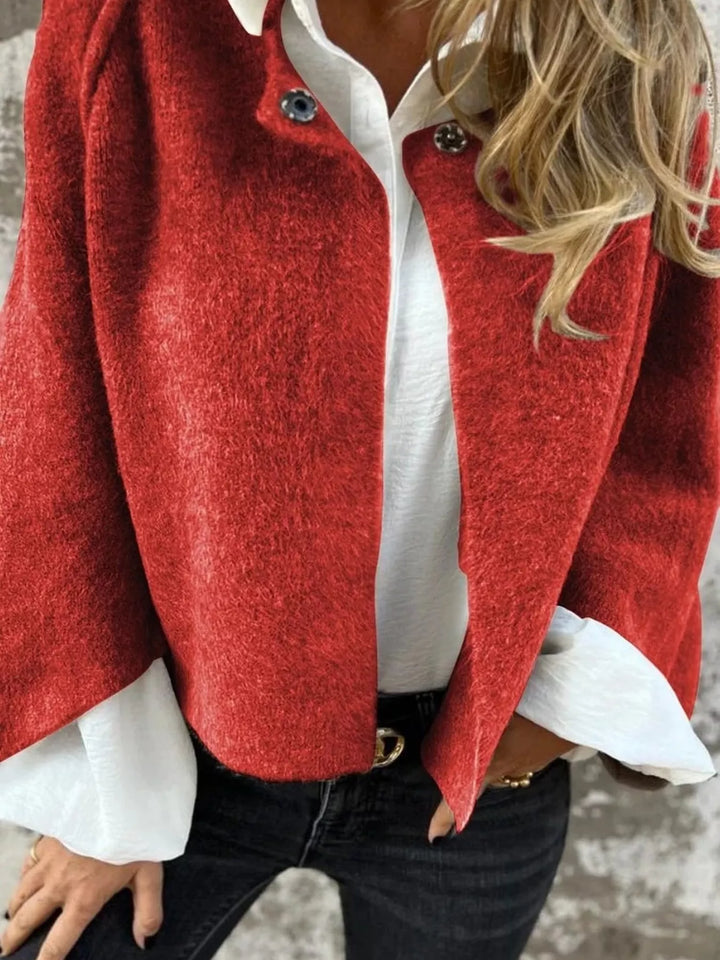 Brick Red Dropped shoulder fuzzy knit button-front cardigan